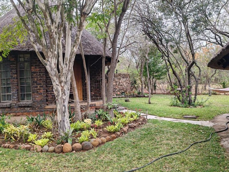 A charming thatched-roof cottage with exposed brickwork, set within a lush, well-maintained garden featuring stone-edged flower beds and mature trees.