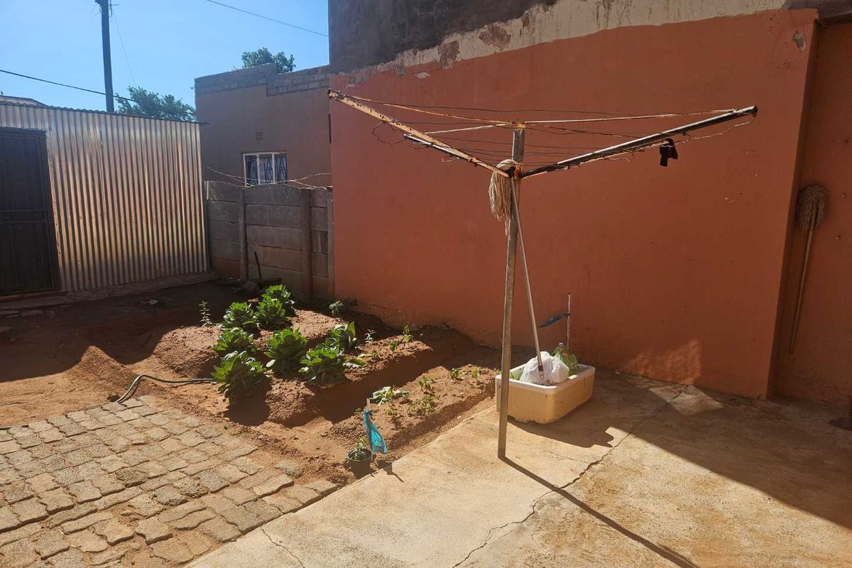 A rear outdoor area featuring a small garden patch, concrete paving, and a metal rotary clothesline against a weathered exterior wall.