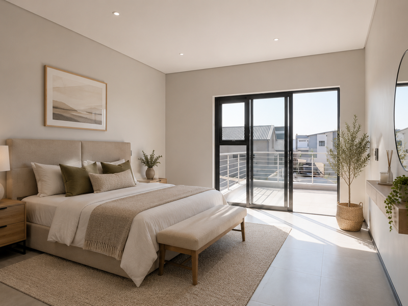 Modern bedroom featuring neutral tones, recessed lighting, tiled floors, and a sliding glass door providing direct access to a private balcony.