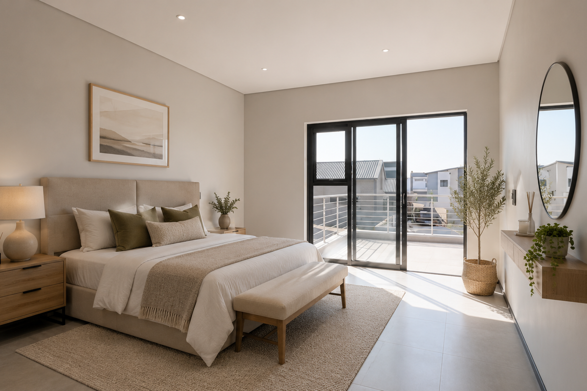 Modern bedroom featuring neutral tones, recessed lighting, tiled floors, and a sliding glass door providing direct access to a private balcony.