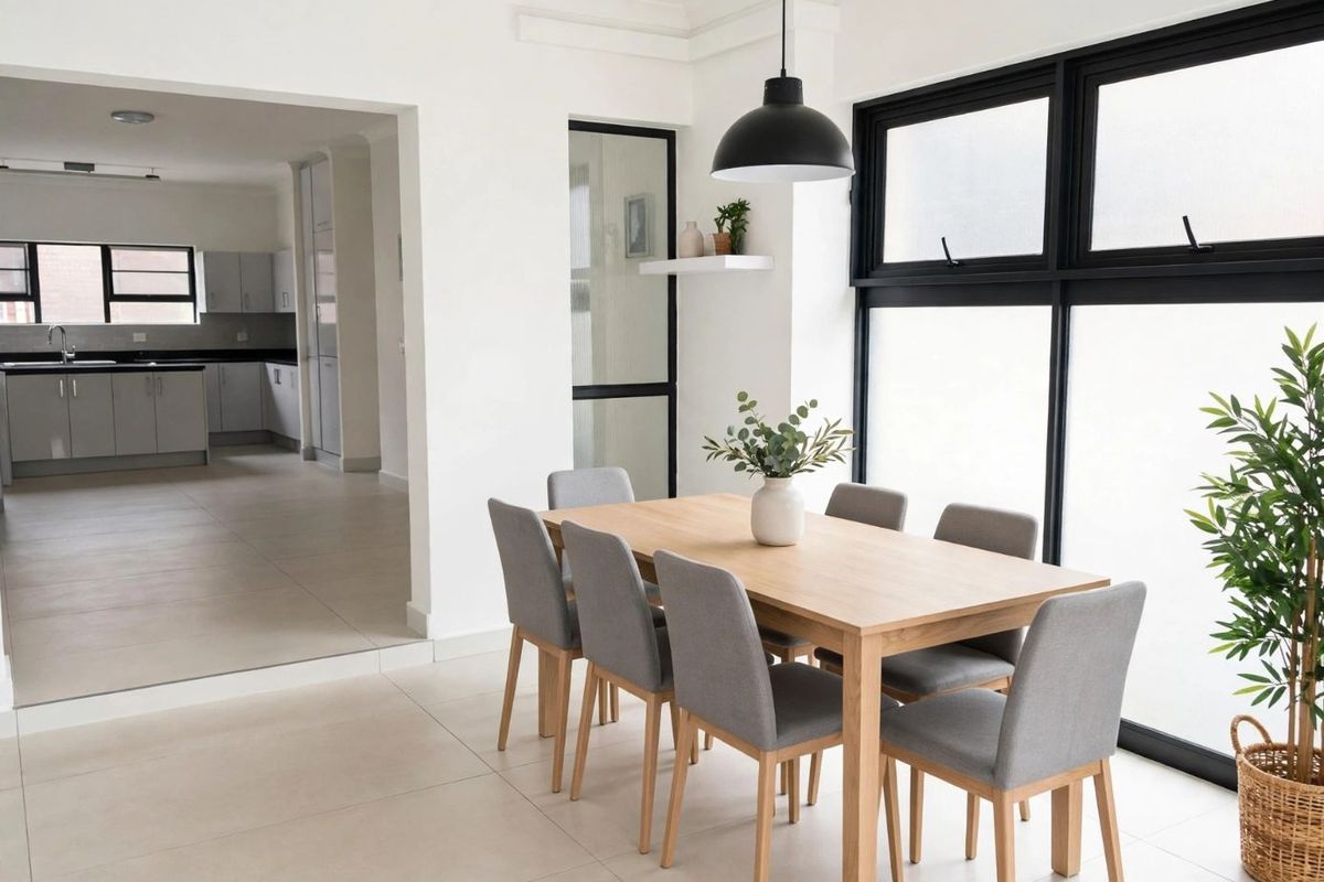Bright open-plan dining area featuring modern tiled floors, large black-framed windows, and a seamless transition into a contemporary kitchen space.
