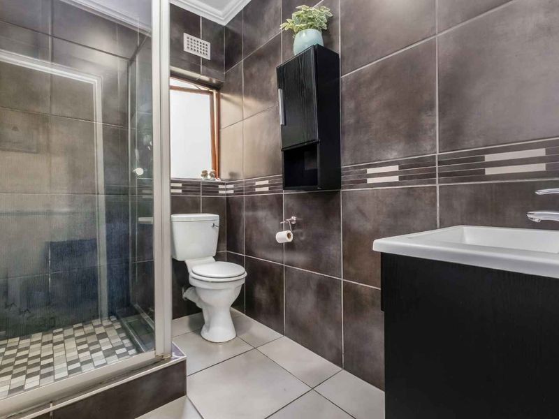 Modern bathroom featuring dark wall tiles, a glass shower enclosure, a white toilet, and a vanity cabinet with a basin.