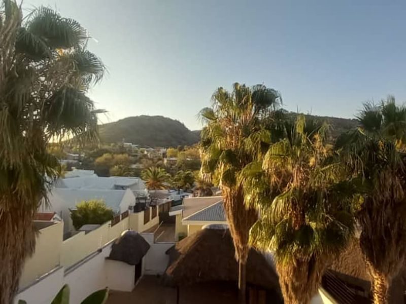 Elevated view overlooking a residential area with mature palm trees and traditional thatched roof structures in the foreground.