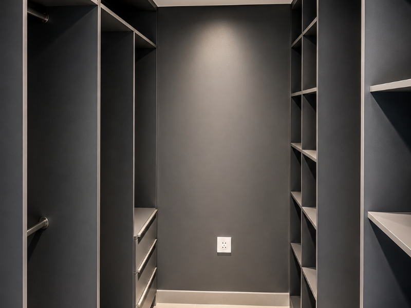 A modern walk-in closet featuring extensive dark grey built-in cabinetry, hanging rails, integrated drawers, and neutral tiled flooring.