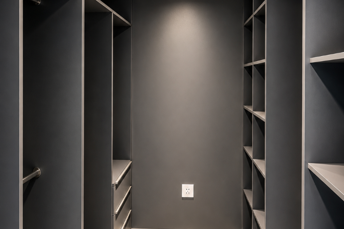 A modern walk-in closet featuring extensive dark grey built-in cabinetry, hanging rails, integrated drawers, and neutral tiled flooring.