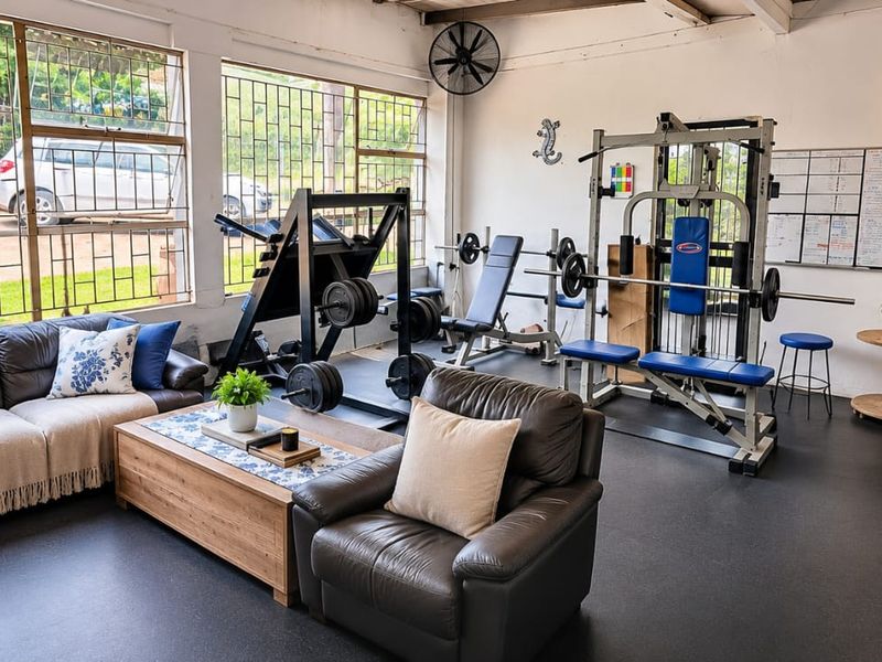 A spacious home gym featuring large steel-framed windows with security bars, rubberized flooring, and exposed ceiling beams, currently utilized as a multi-purpose fitness area.