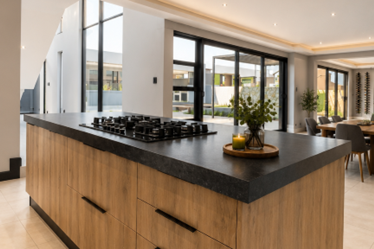 Modern kitchen featuring a large island with a built-in gas hob, sleek wood-finish cabinetry, and recessed lighting, opening onto an outdoor patio area.