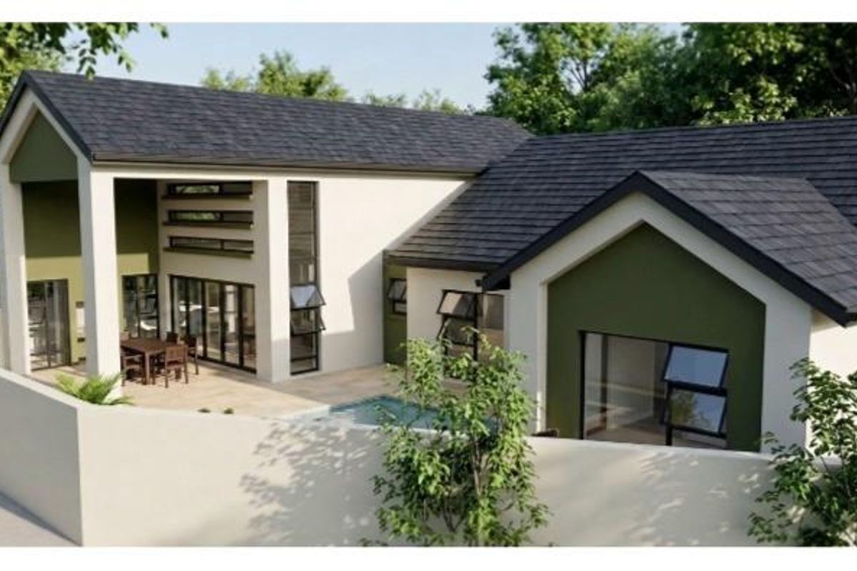 A modern residential exterior featuring a tiled roof, covered patio area, and a private swimming pool enclosed by a boundary wall.