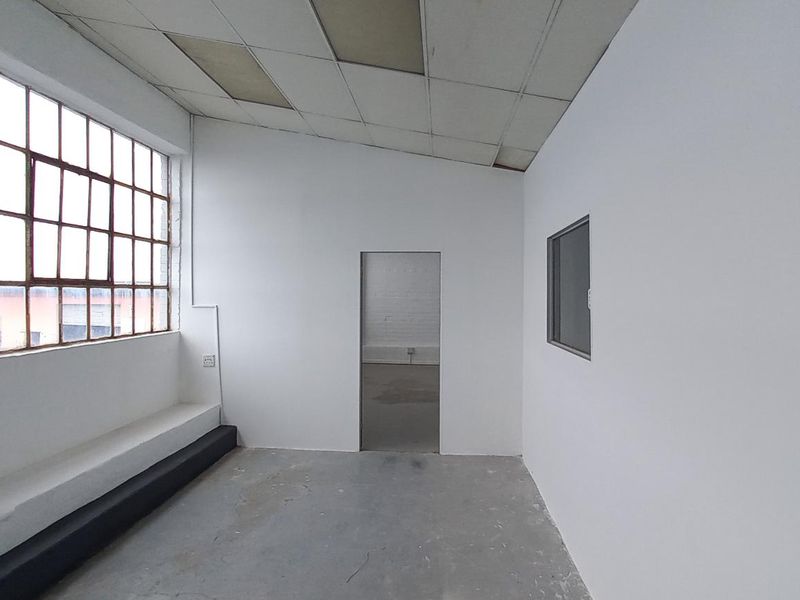 An empty industrial office space featuring large steel-framed windows, concrete flooring, and a suspended ceiling, offering a clean, versatile workspace.