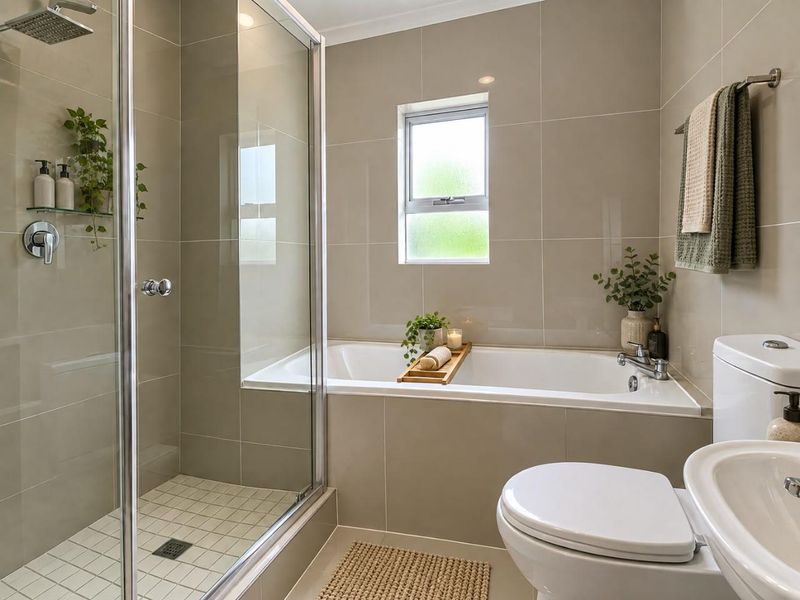 Modern bathroom featuring a glass-enclosed shower, a built-in bathtub, a toilet, and a washbasin with neutral wall and floor tiling.