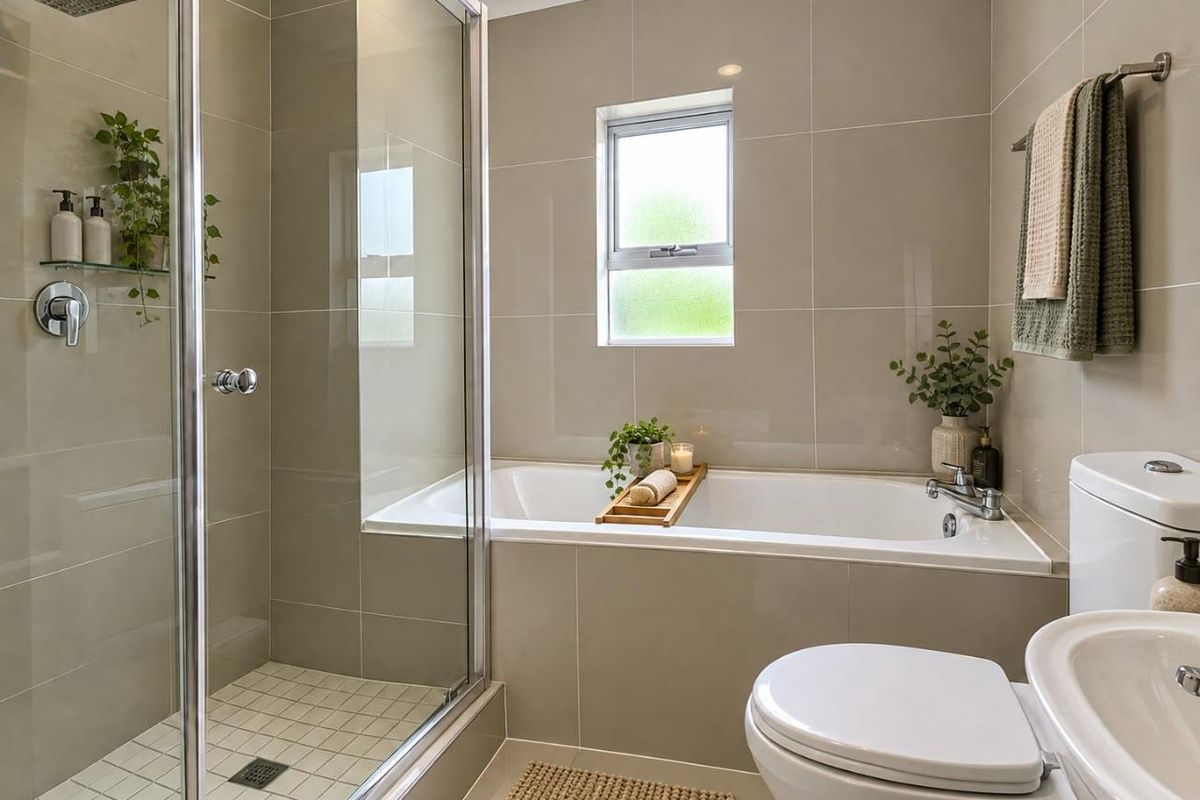 Modern bathroom featuring a glass-enclosed shower, a built-in bathtub, a toilet, and a washbasin with neutral wall and floor tiling.