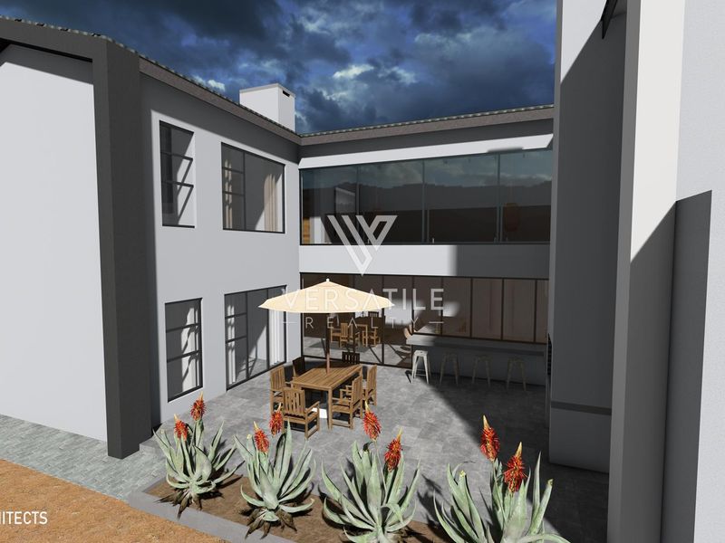 A 3D architectural rendering of a modern rear courtyard featuring a paved patio, built-in bar area, and large glass windows.
