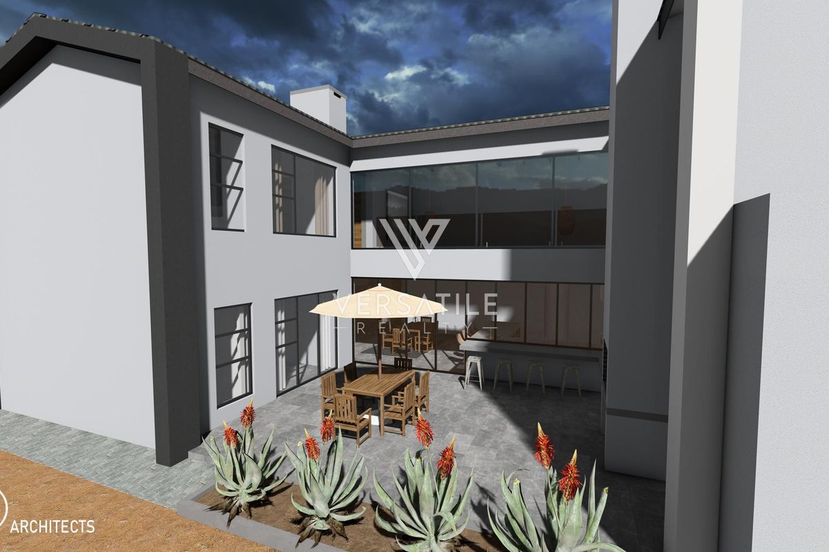 A 3D architectural rendering of a modern rear courtyard featuring a paved patio, built-in bar area, and large glass windows.