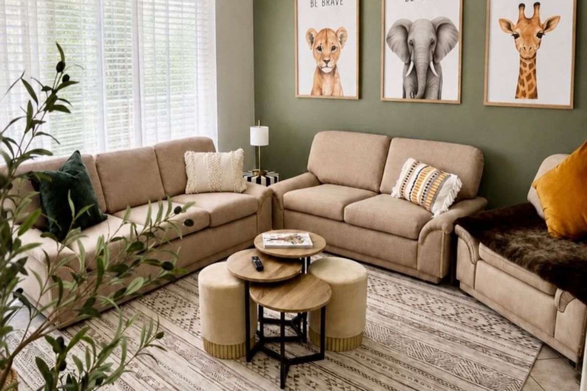 A cozy living room featuring an olive green accent wall, neutral tiled flooring, and large windows fitted with white venetian blinds.
