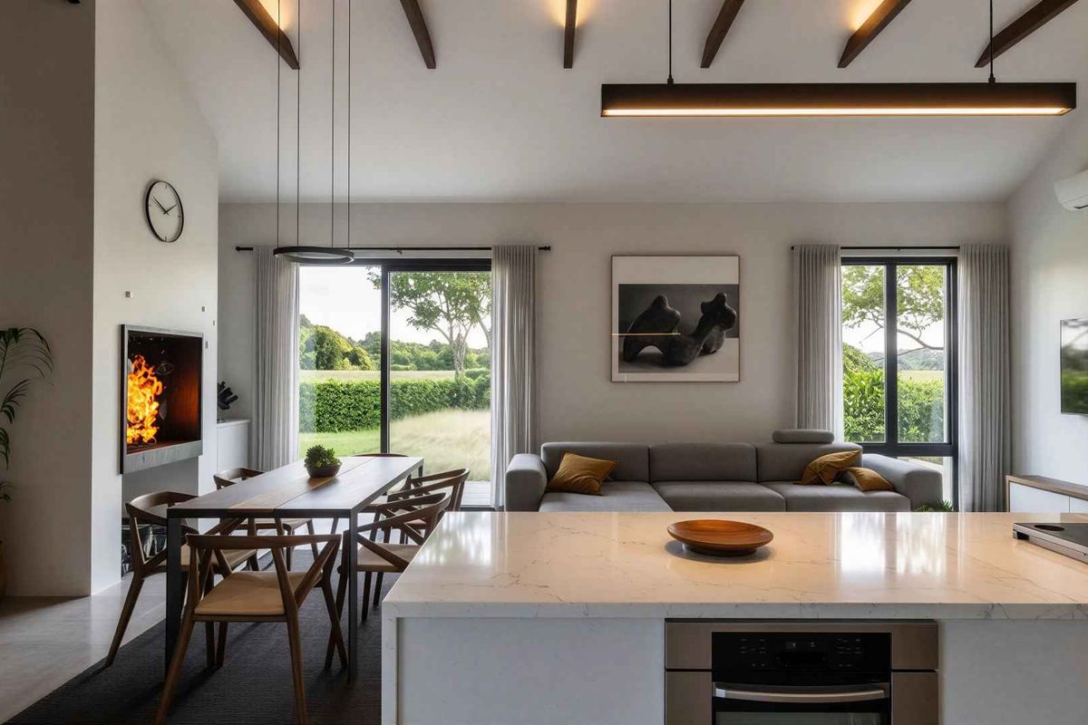 Spacious open-plan living and dining area featuring exposed timber beams, a modern built-in fireplace, and a sleek kitchen island with stone countertops.