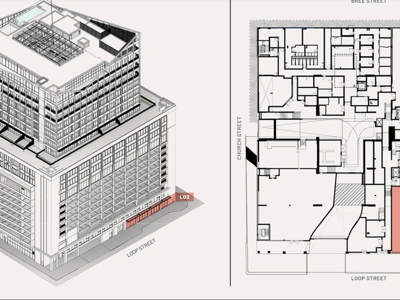 Architectural floor plan and isometric building view showing the layout and street-level positioning of the retail space.