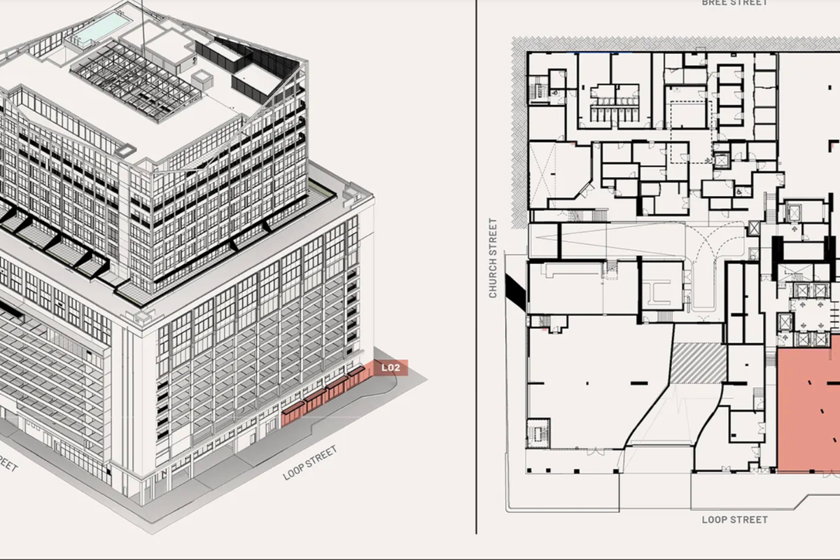 Architectural floor plan and isometric building view showing the layout and street-level positioning of the retail space.