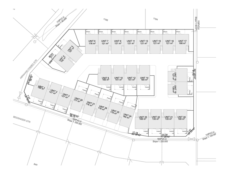 A site plan showing the layout and unit sizes for a townhouse development.