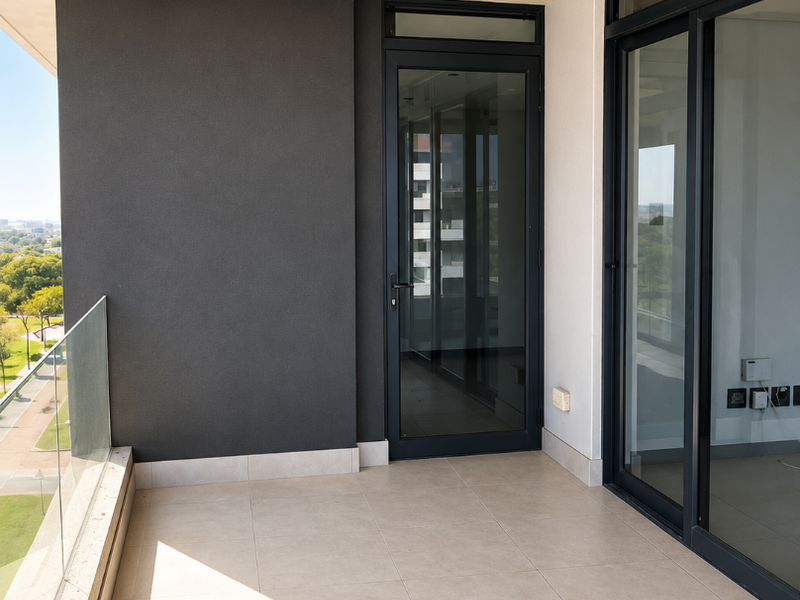 A modern, covered balcony featuring tiled flooring, a sleek glass balustrade, and large sliding glass doors providing access to the interior.