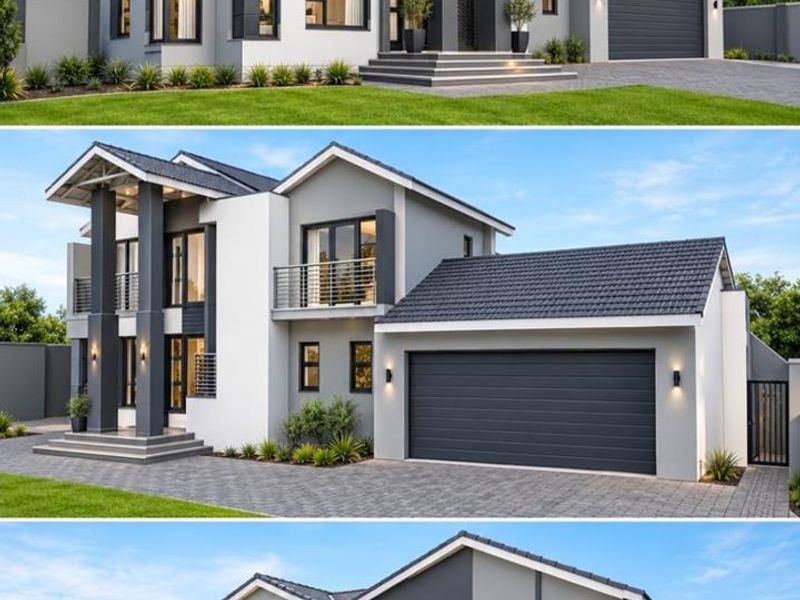 A modern double-story residential home featuring a contemporary facade, double garage, paved driveway, and upper-level balcony with clean architectural lines.
