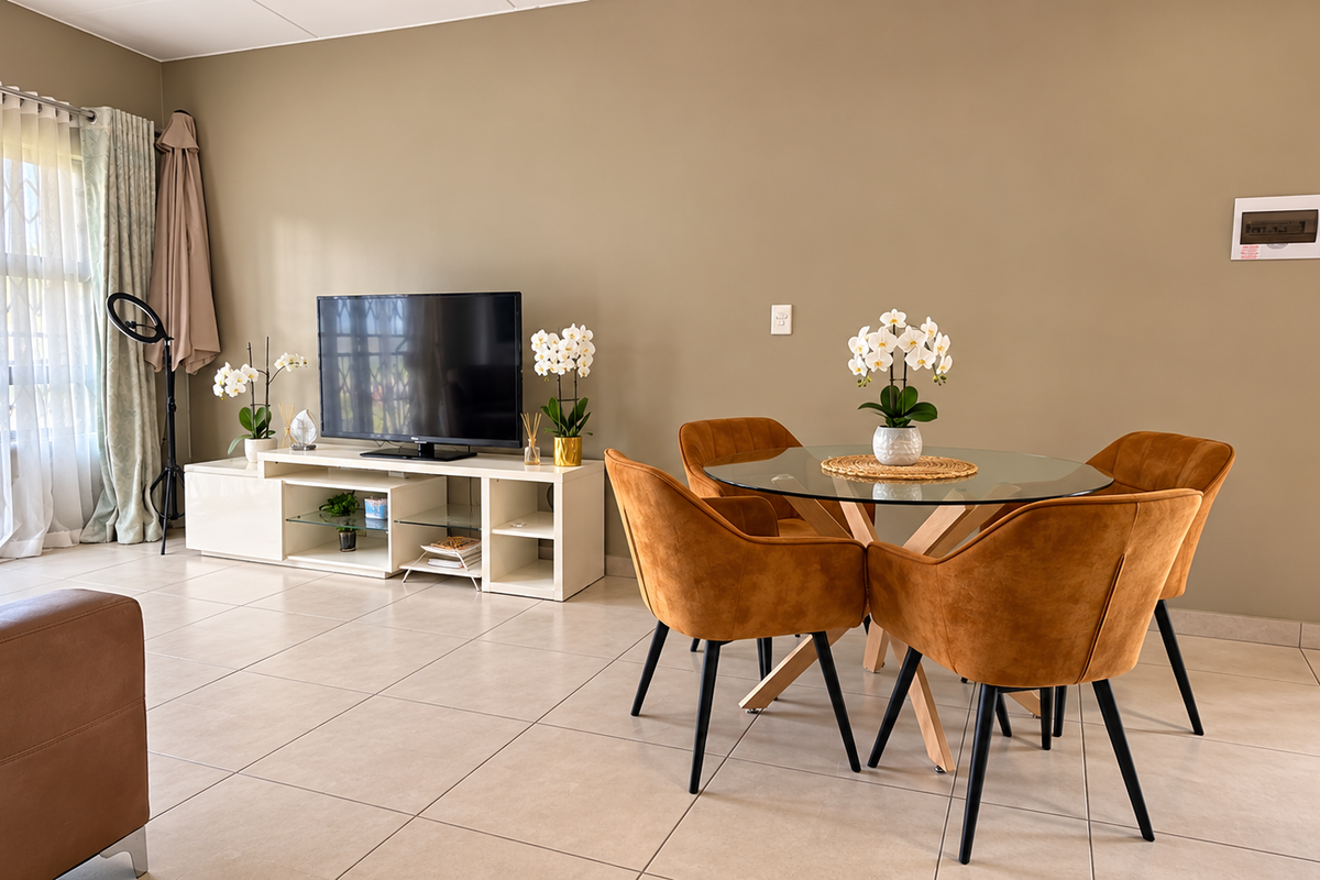 A bright and well-maintained living area featuring neutral tiled flooring, large sliding glass doors with security gates, and ample natural light.