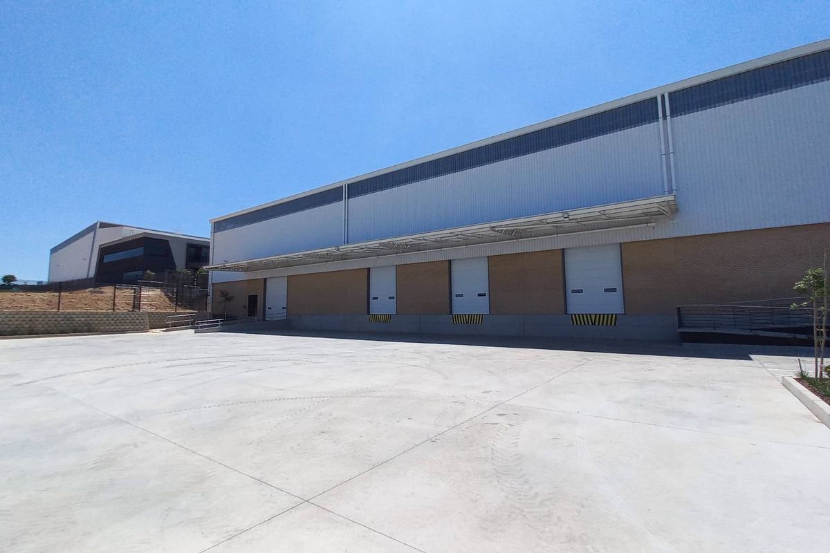 Modern industrial warehouse exterior featuring a spacious concrete loading yard, multiple roller shutter doors, and a protective canopy for efficient logistics operations.