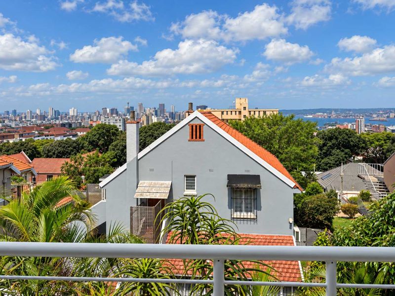 Elevated view overlooking a residential area with a cityscape and harbor backdrop, featuring a clear perspective of the surrounding neighborhood architecture.
