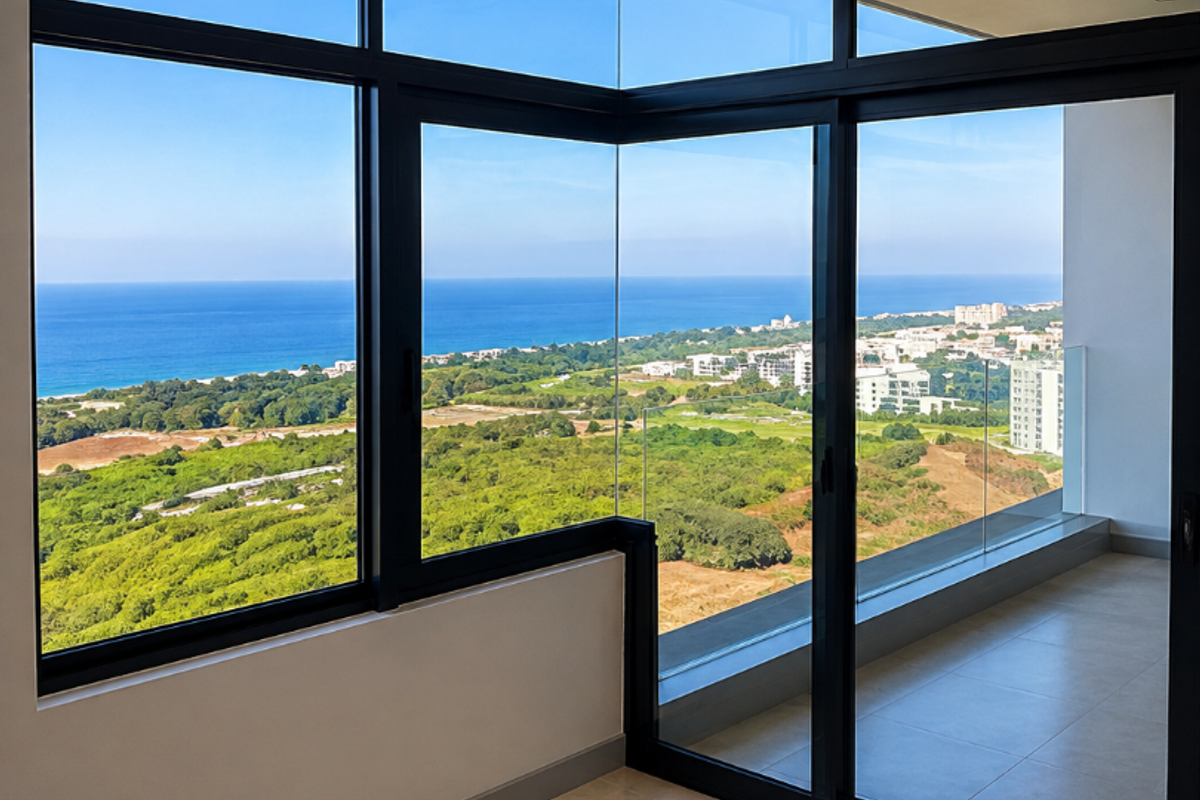 Bright, modern living area featuring expansive corner windows and sliding doors opening onto a balcony with panoramic ocean and landscape views.