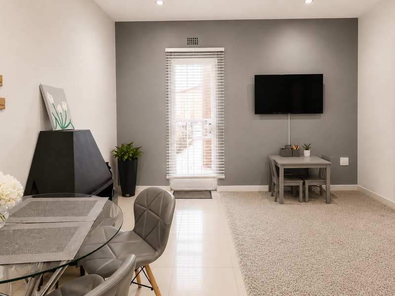 A well-maintained living area featuring a modern freestanding fireplace, neutral tiled flooring, and a carpeted zone, with direct access to the exterior.