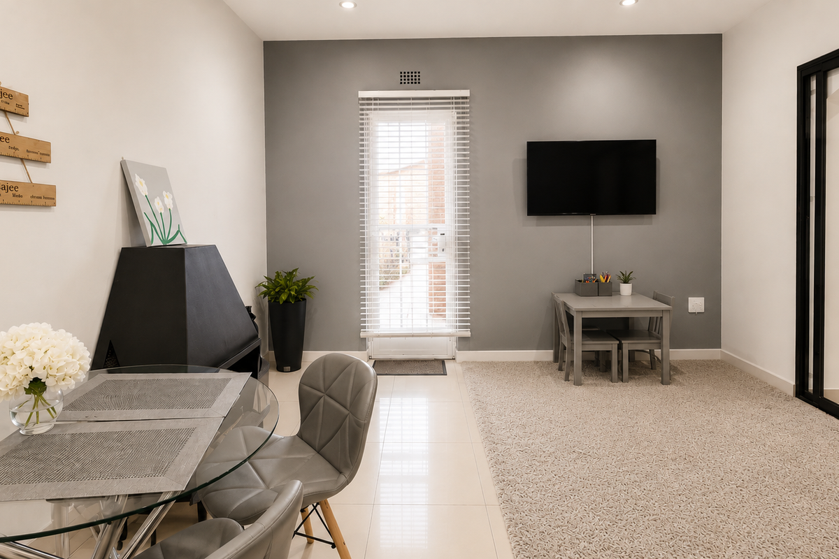 A well-maintained living area featuring a modern freestanding fireplace, neutral tiled flooring, and a carpeted zone, with direct access to the exterior.