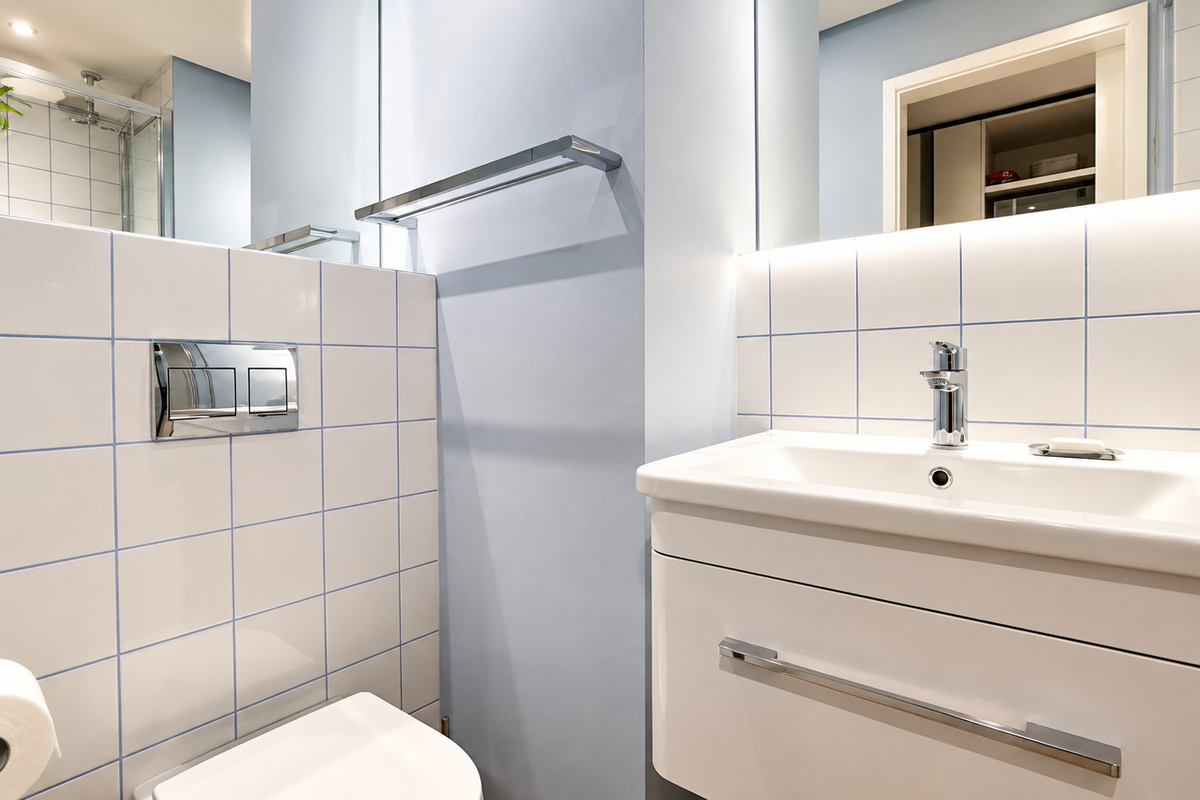 Modern bathroom featuring a wall-mounted toilet with chrome flush plate, vanity basin with mixer tap, and tiled finishes.