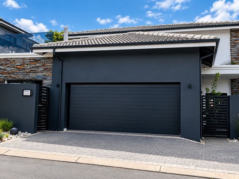 Modern front elevation featuring a dark sectional garage door, stone cladding accents, and a paved driveway with contemporary landscaping.