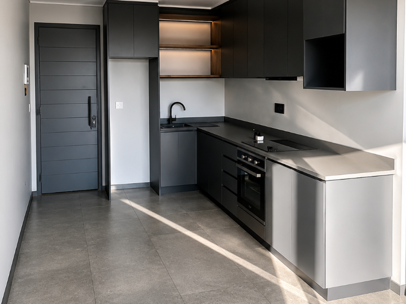 Modern kitchen featuring sleek dark cabinetry, integrated oven, hob, and minimalist finishes with large format floor tiles.