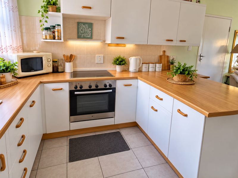 A well-maintained kitchen featuring white cabinetry, wood-look laminate countertops, an integrated electric hob and oven, and neutral tiled flooring.