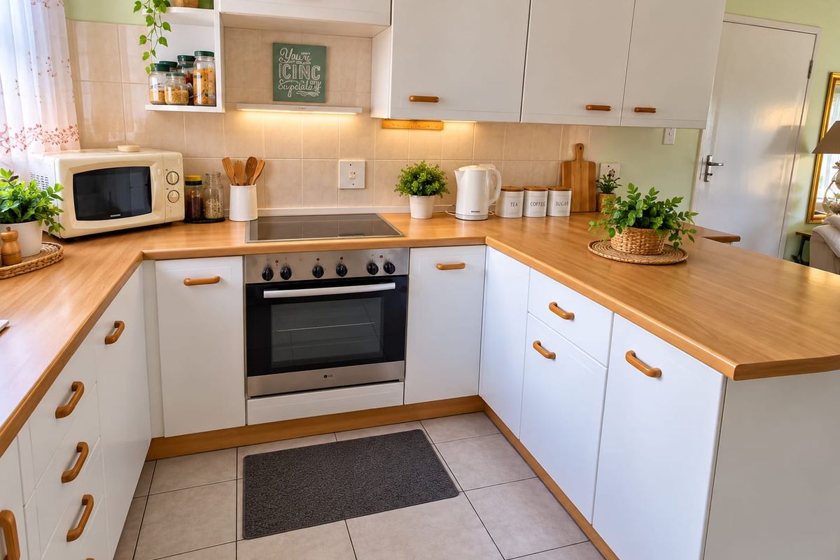 A well-maintained kitchen featuring white cabinetry, wood-look laminate countertops, an integrated electric hob and oven, and neutral tiled flooring.