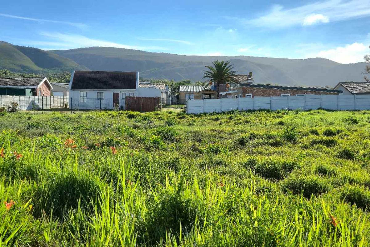 A vacant residential plot featuring perimeter concrete walling, covered in natural vegetation with mountain views in the background.