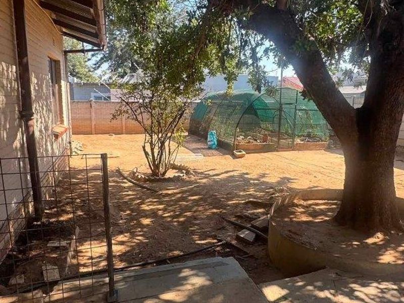 A rear garden area featuring a concrete patio, mature tree, and perimeter wall, offering potential for landscaping and outdoor living space development.