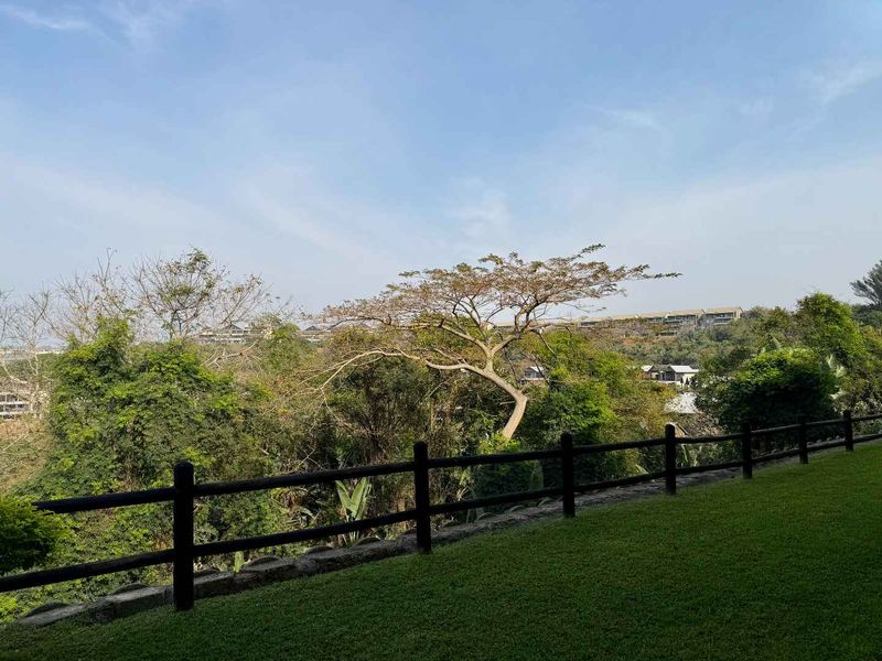 A scenic view overlooking a lush green valley with mature trees and distant residential buildings, framed by a timber post and rail fence.