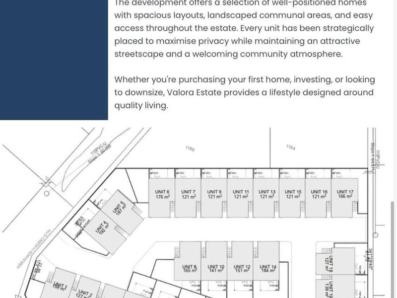 A site layout plan for Valora Estate, illustrating the positioning and sizing of various townhouse units within the community development.