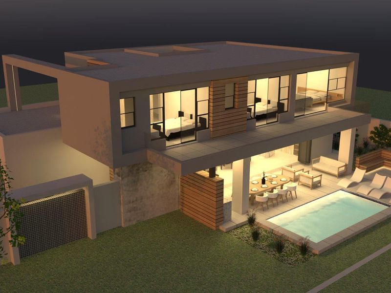 An aerial perspective of a modern two-story residence featuring a swimming pool, covered patio, and contemporary architectural design with timber accents.
