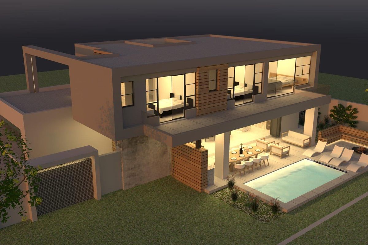 An aerial perspective of a modern two-story residence featuring a swimming pool, covered patio, and contemporary architectural design with timber accents.