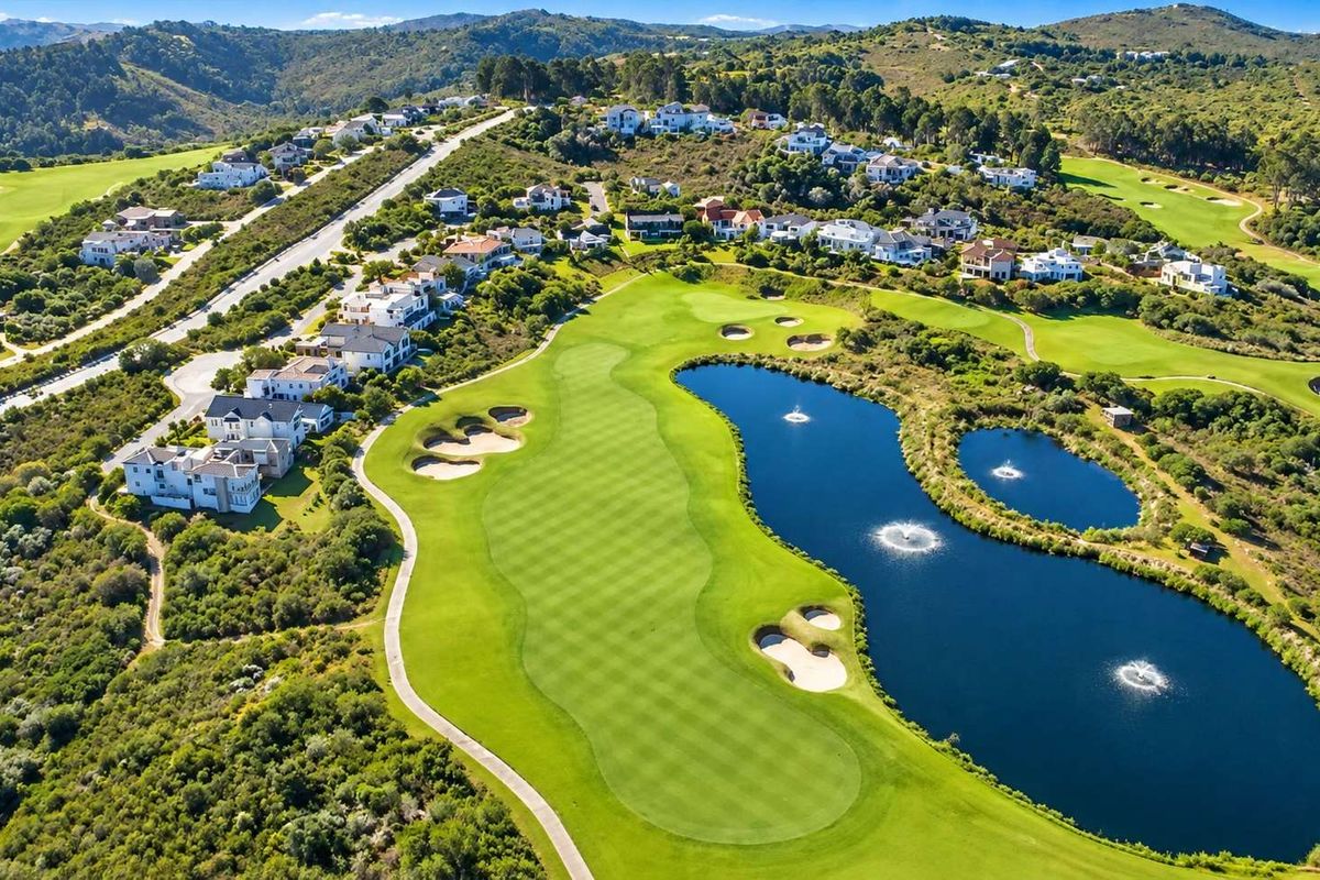 Aerial view of a residential estate featuring a well-maintained golf course, water features, and surrounding natural landscape.