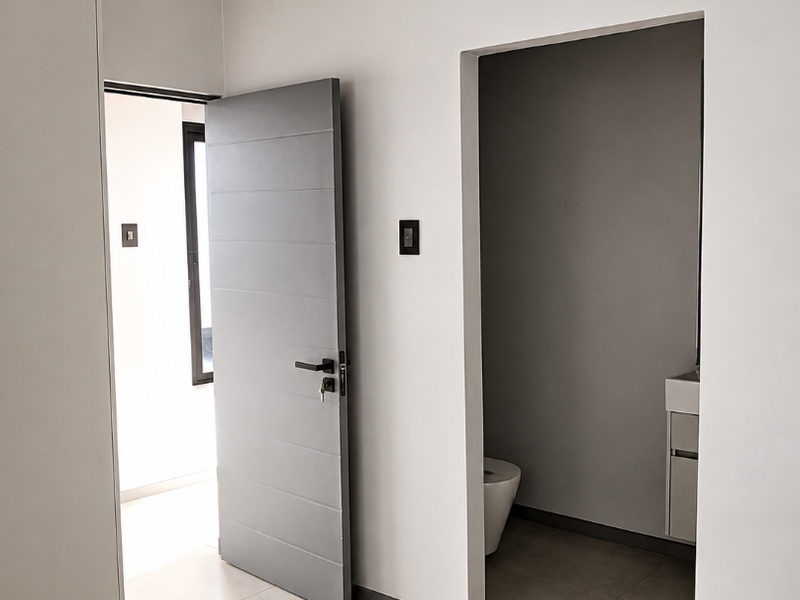 A clean, modern hallway featuring neutral tiled flooring, built-in cabinetry, and access to an adjacent bathroom and secondary room.