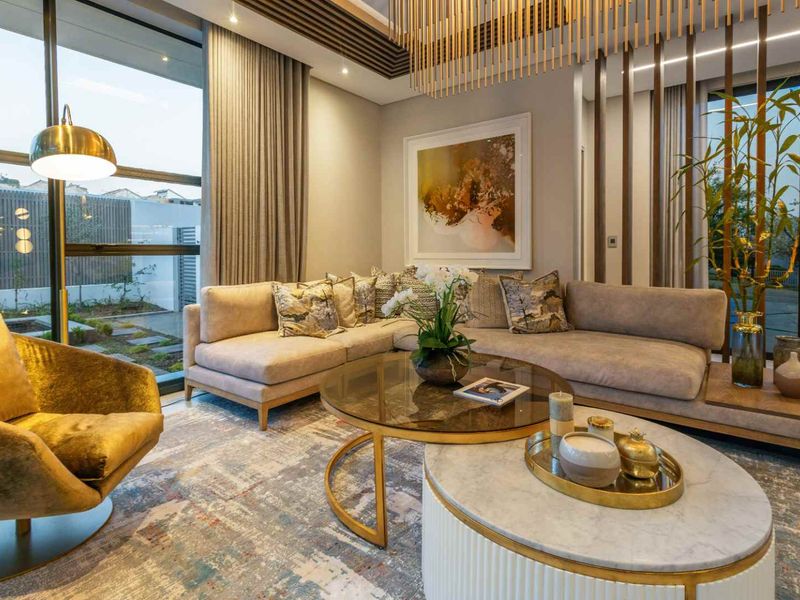 Elegant living room featuring floor-to-ceiling windows, modern slatted ceiling detailing, and a sophisticated timber room divider, creating a bright and contemporary atmosphere.