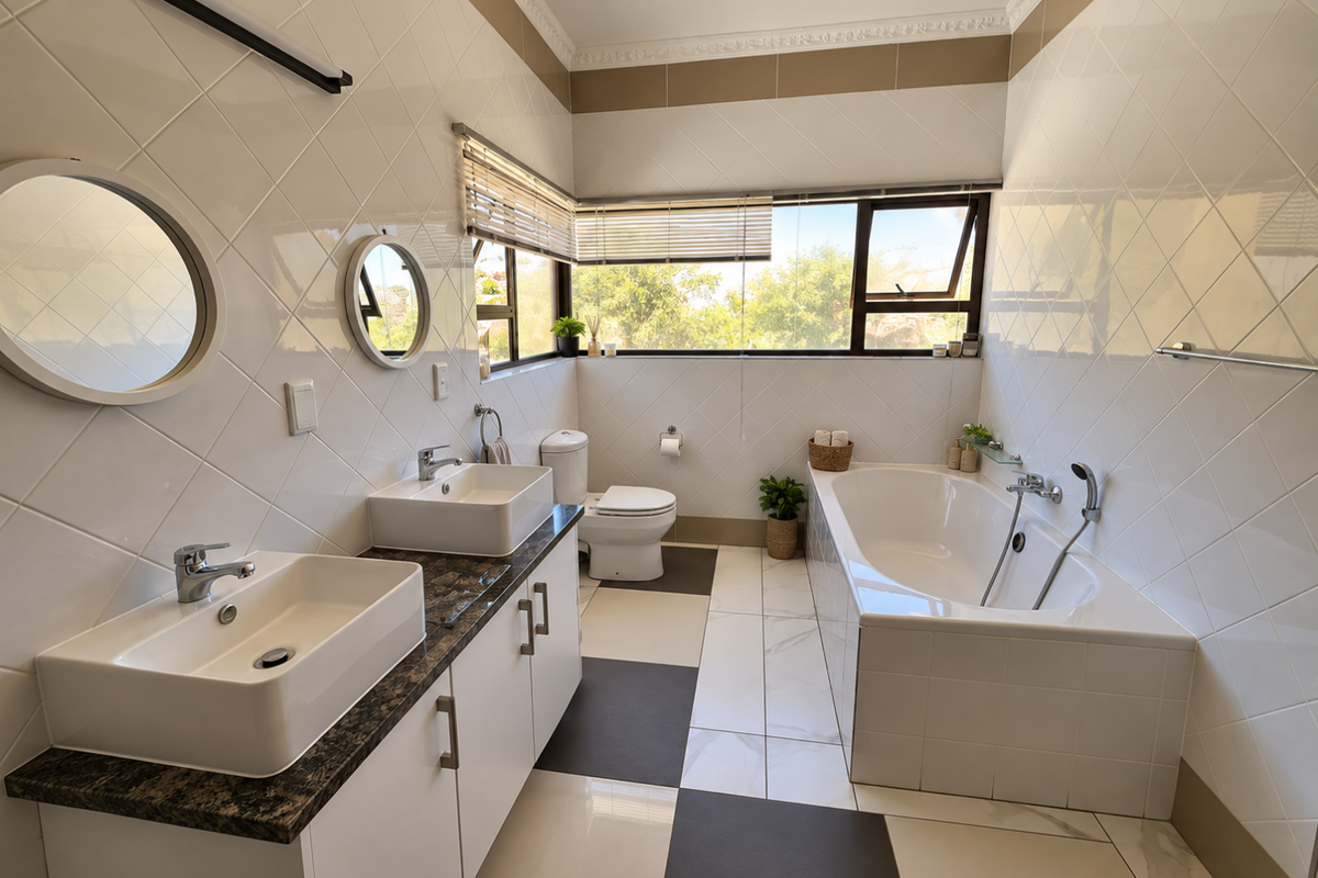 A bright, modern bathroom featuring a double vanity with vessel sinks, a built-in bathtub, and large-format tiled flooring with a contrasting pattern.