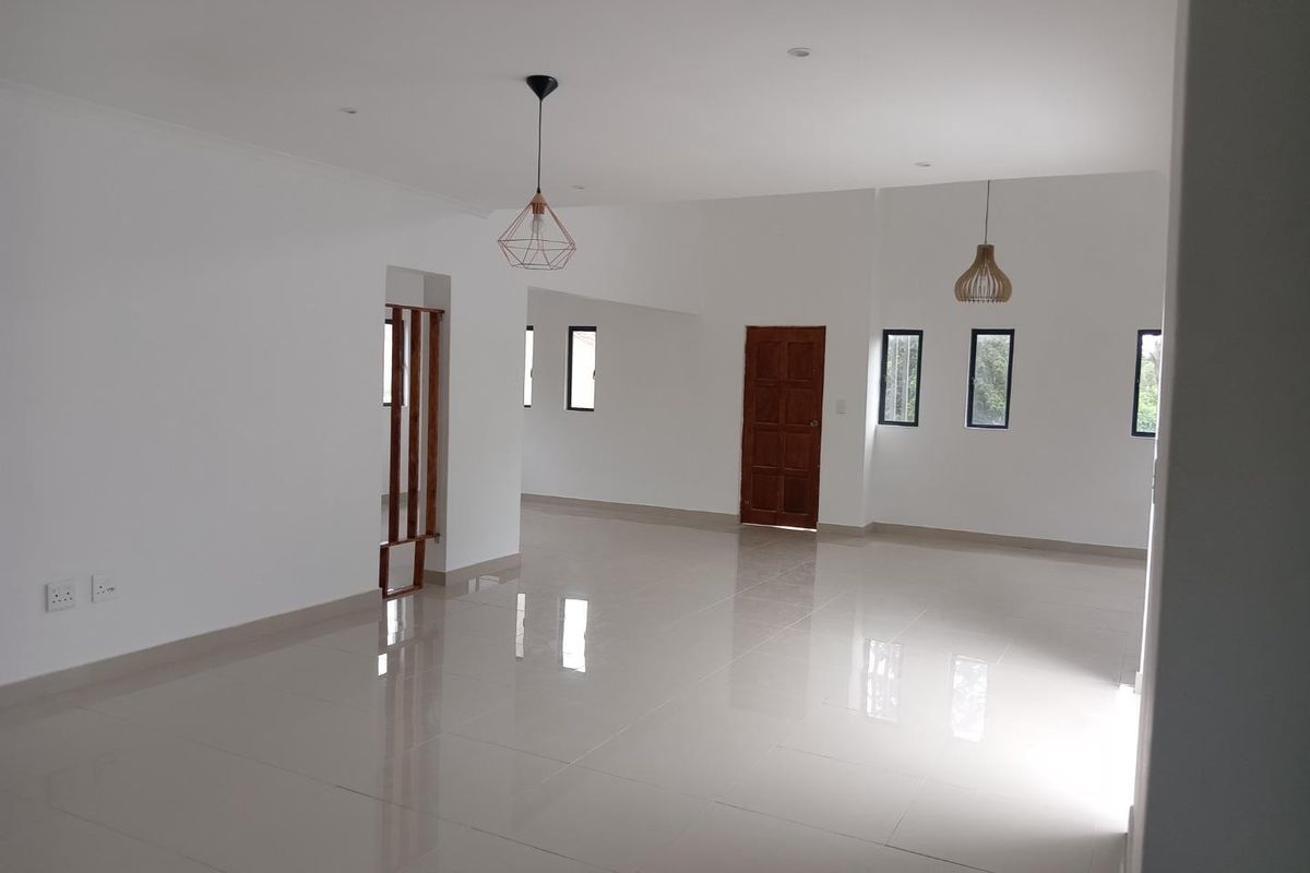 A spacious, bright, and empty living area featuring polished tiled flooring, modern pendant lighting, and a timber room divider.