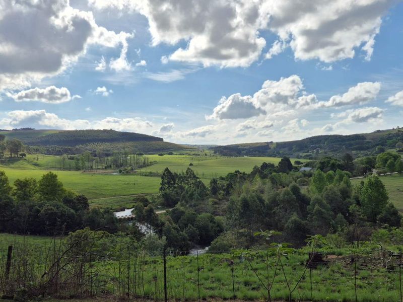 A scenic, elevated view overlooking a lush green valley with rolling hills, trees, and open fields under a bright, cloudy sky.