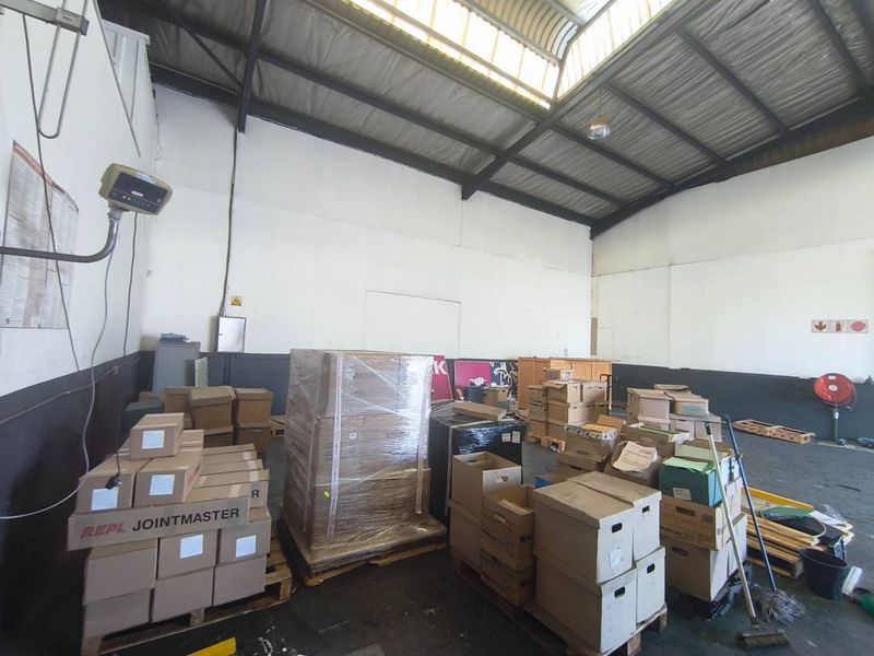 Spacious industrial utility area featuring high ceilings with exposed steel trusses, skylights for natural light, and durable concrete flooring.