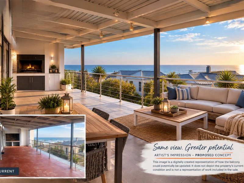 Spacious covered balcony featuring a built-in braai, stainless steel balustrade, and panoramic ocean views, offering an ideal space for outdoor entertaining.