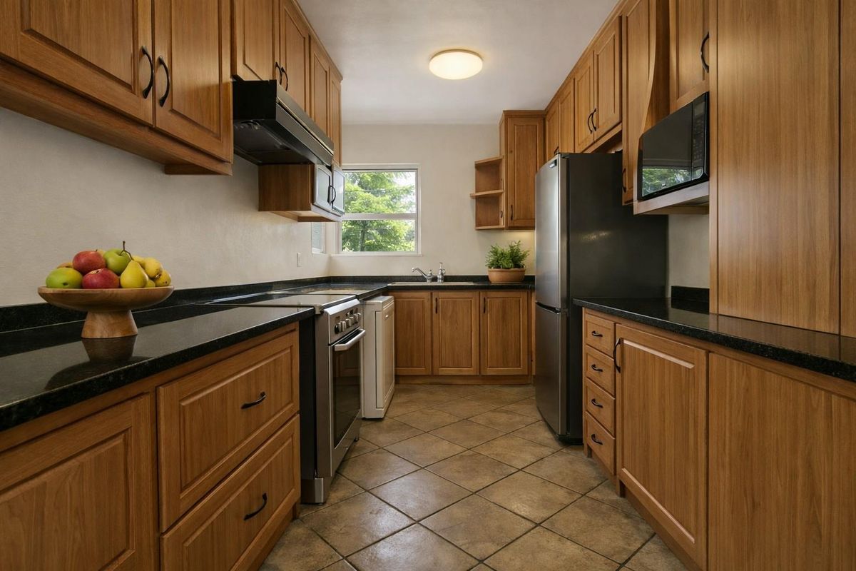 A functional galley-style kitchen featuring warm wooden cabinetry, contrasting black granite countertops, stainless steel appliances, and durable tiled flooring.